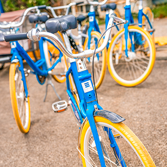 a group of blue and yellow bikes to rent. a group of blue and yellow bikes to rent.
