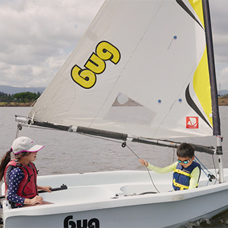 Kids in a bug sailboat. Kids in a bug sailboat.