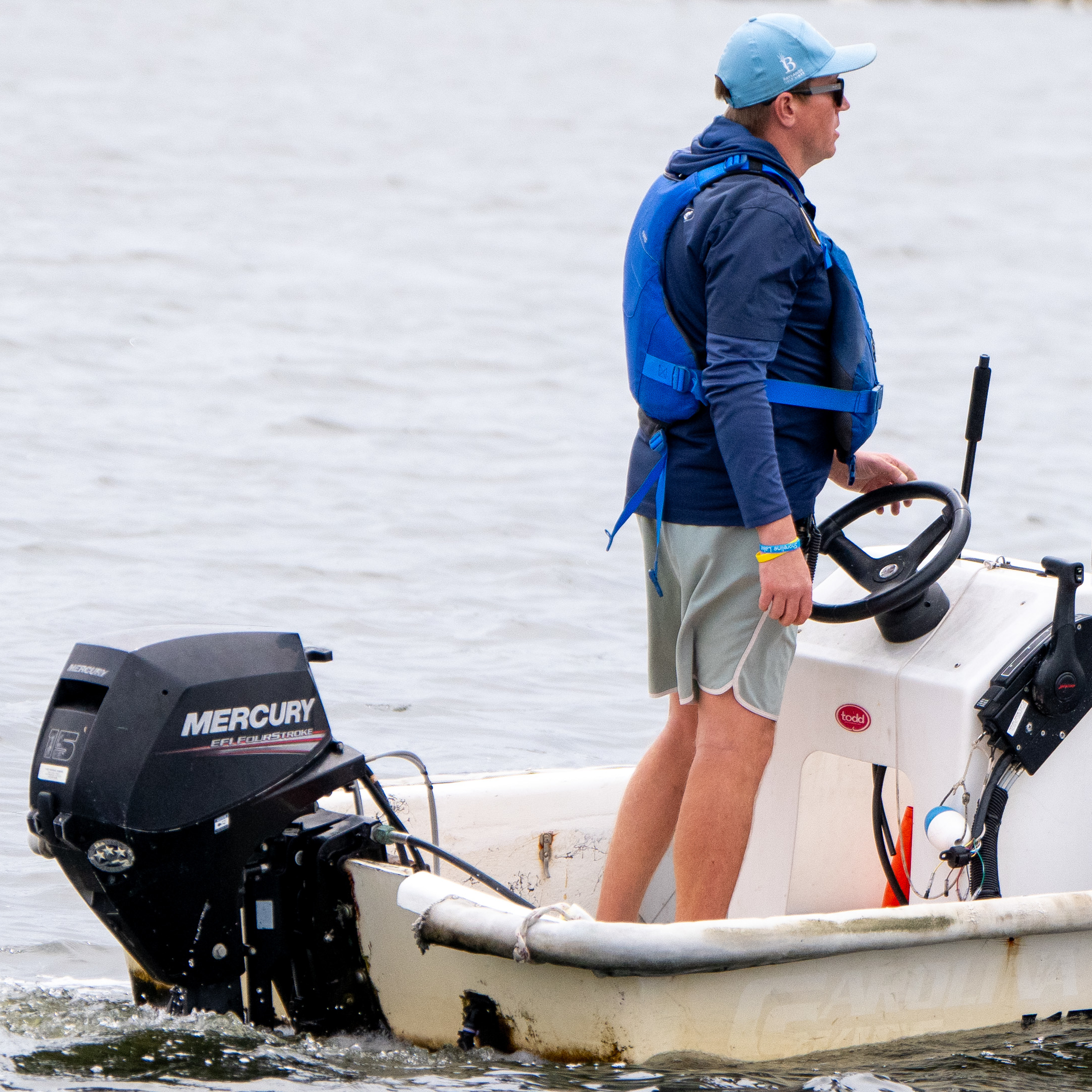 Driving a skiff on Shoreline Lake.
